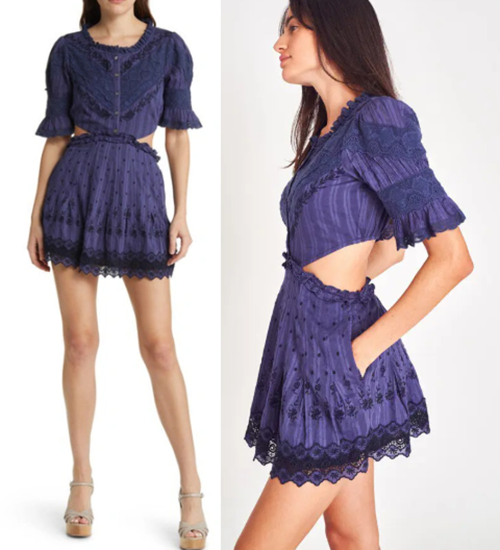 NWT LoveShackFancy Delina Embroidered Lace Cutout Mini Dress Midnight Womens S